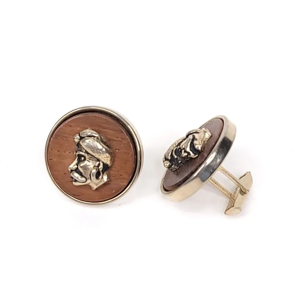 Swank Cuff Links Vintage Gold Tone Large Round Wood Grain Indian Gypsy Head